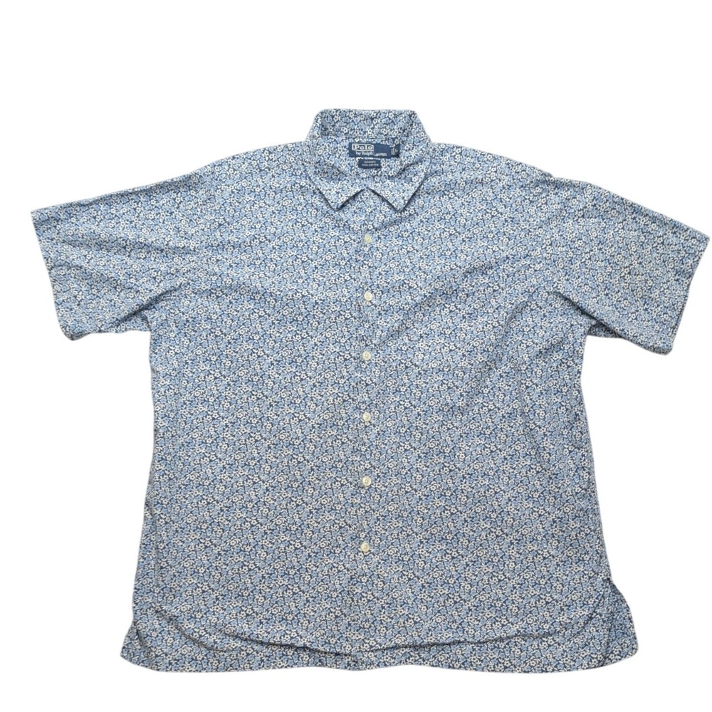 Y2K Polo Ralph Lauren Adams Shirt Mens L Blue Floral Calico Cotton Short Sleeve